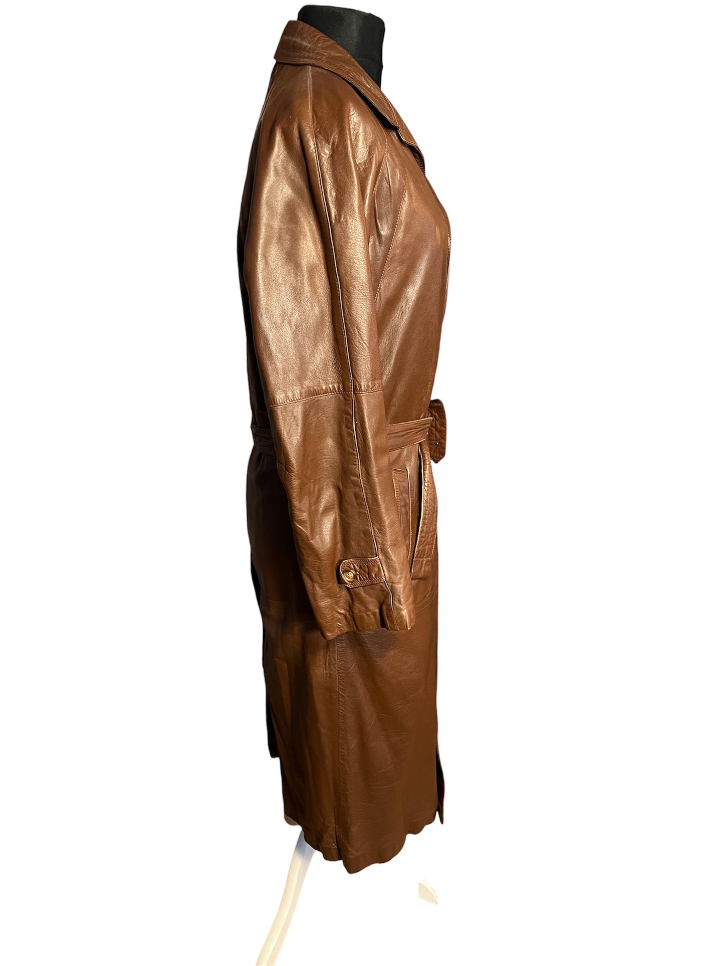 Vintage Ledermantel Cognac Braun Lang | Echtleder Mantel mit Gürtel | Gr. 40 - 42 / M 48 | 90s Retro Trench Mantel Unisex