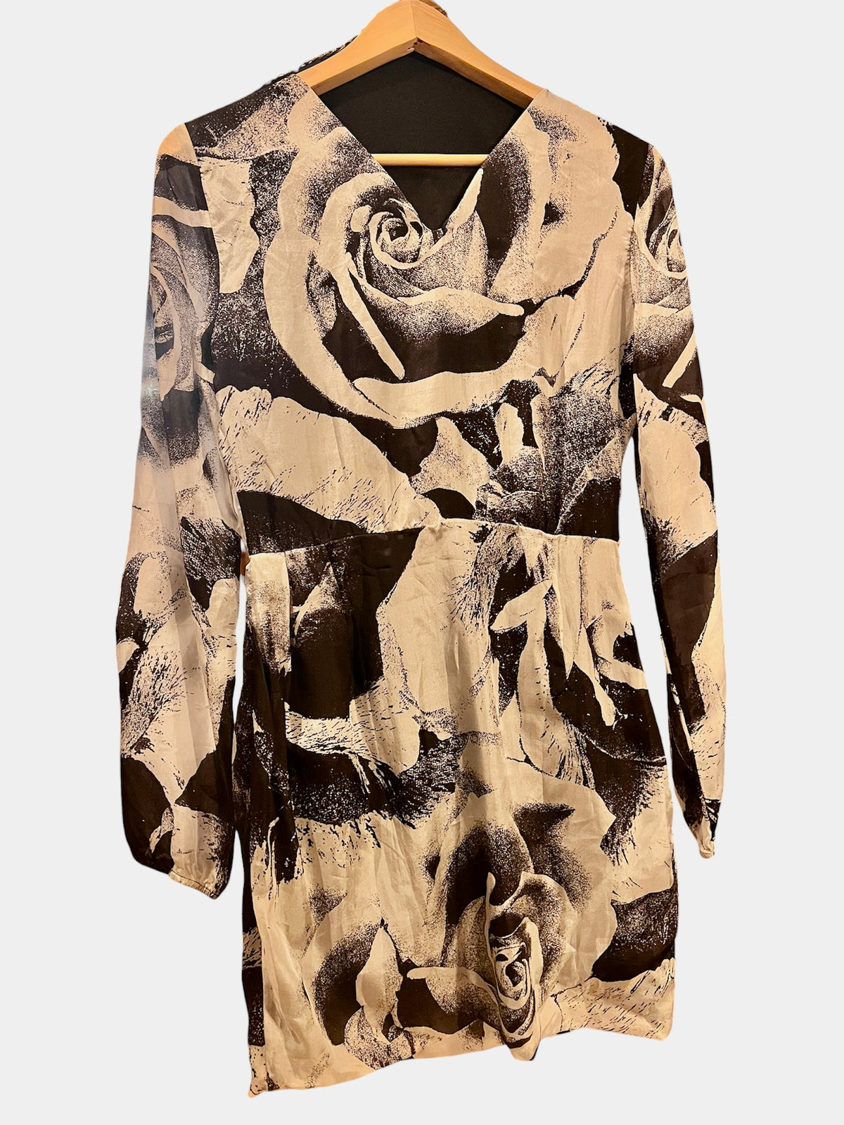 Benetton Seide Minikleid XS 34 Schwarz Grau Blumenprint Gothic Boho Rosen Seidenkleid Langarm