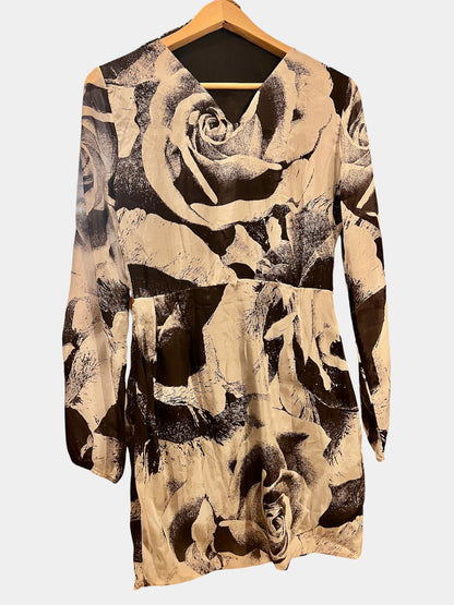 Benetton Seide Minikleid XS 34 Schwarz Grau Blumenprint Gothic Boho Rosen Seidenkleid Langarm