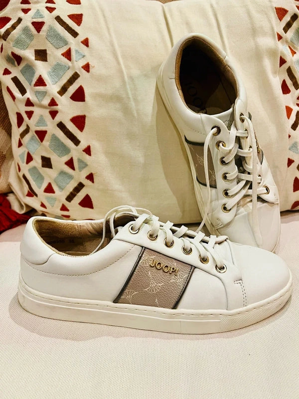 JOOP! Sneaker Leder Weiß Beige Gold Gr. 38 Designer Clean Girl Old Money Trend Premium Turnschuhe