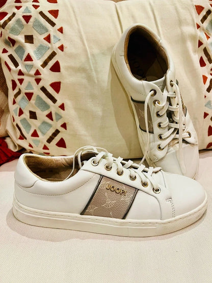 JOOP! Sneaker Leder Weiß Beige Gold Gr. 38 Designer Clean Girl Old Money Trend Premium Turnschuhe