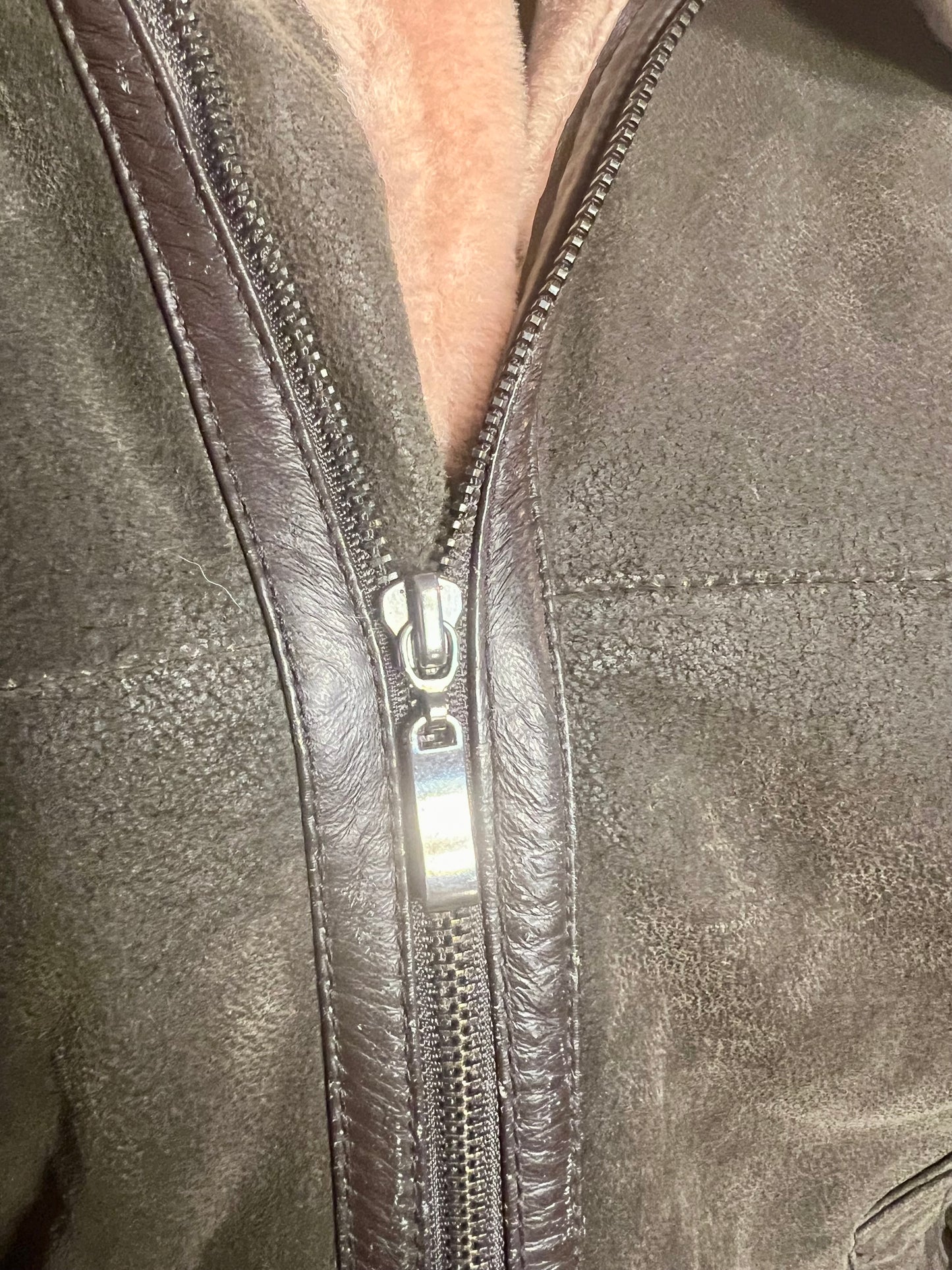 Vintage Lederjacke Echtleder Teddyfutter Unisex 42 L XL kastig Boxy 90s Y2K braun grün Conbipel