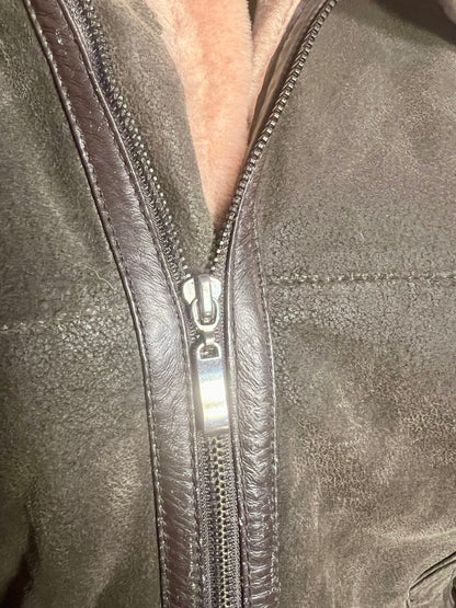 Vintage Lederjacke Echtleder Teddyfutter Unisex 42 L XL kastig Boxy 90s Y2K braun grün Conbipel