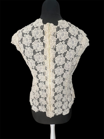 Vintage Spitzen-Top 38 M Ivory 80s Handmade Unikat mit Schulterpolstern Bluse