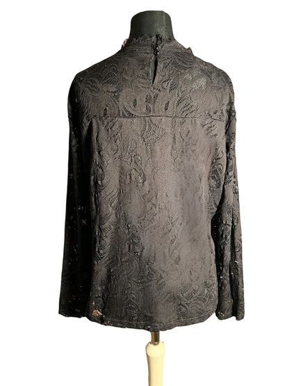 Schwarzes Spitzenshirt Gr. 42 , transparent | Stretch Shirt Damen | Y2K / Elegant / Party | Stehkragen