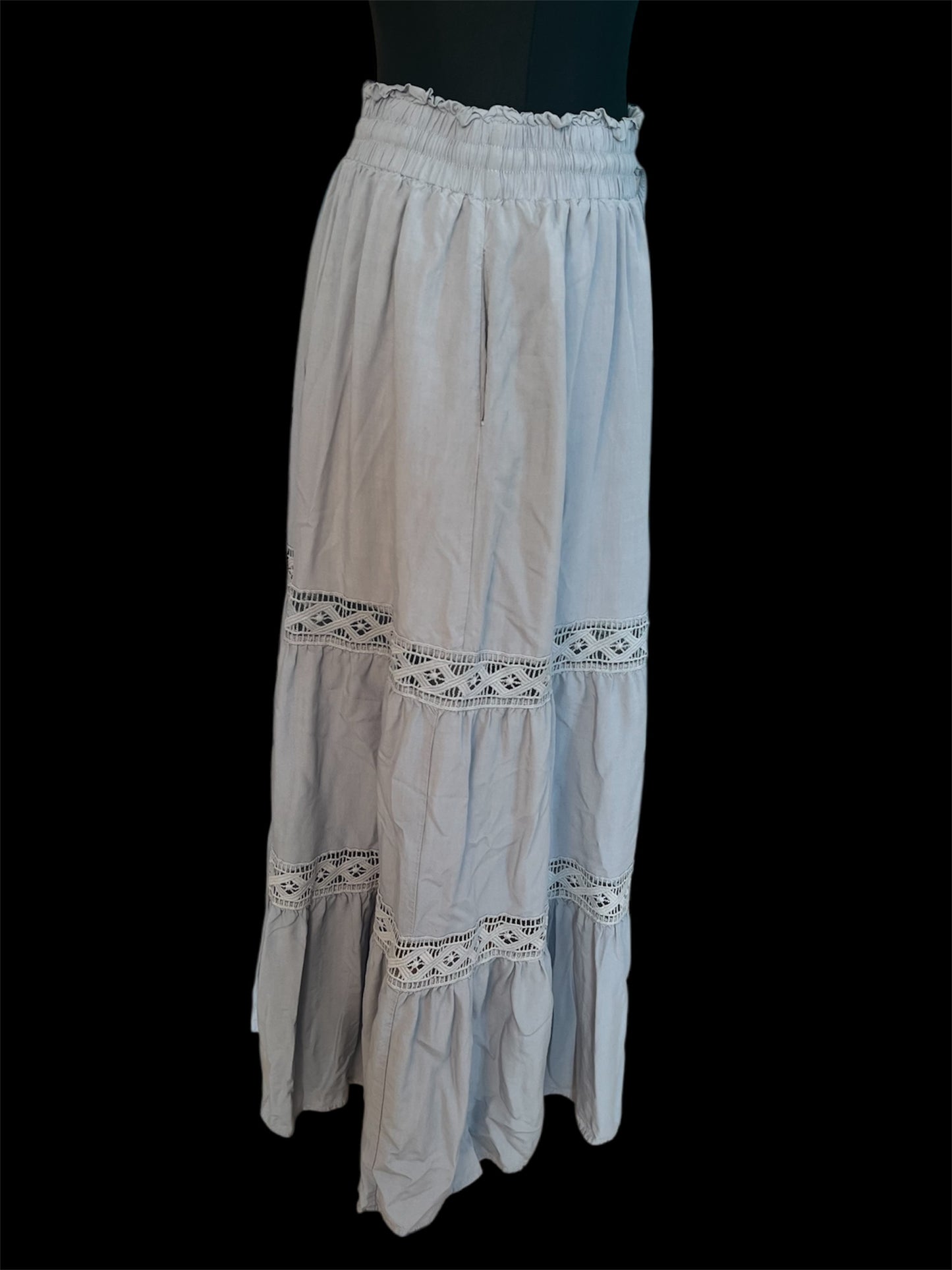 Hippie Style Maxirock Hellblau von Scarlet Darkness – Gr. 38 40 M L Gummizug Boho Spitze