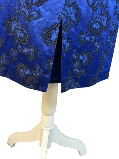 Vintage Abendkleid + Stola Midi blau schwarz 36 38 | Satinlook mit Glitzerstickerei | figurbetont | 90er Y2K Festkleid