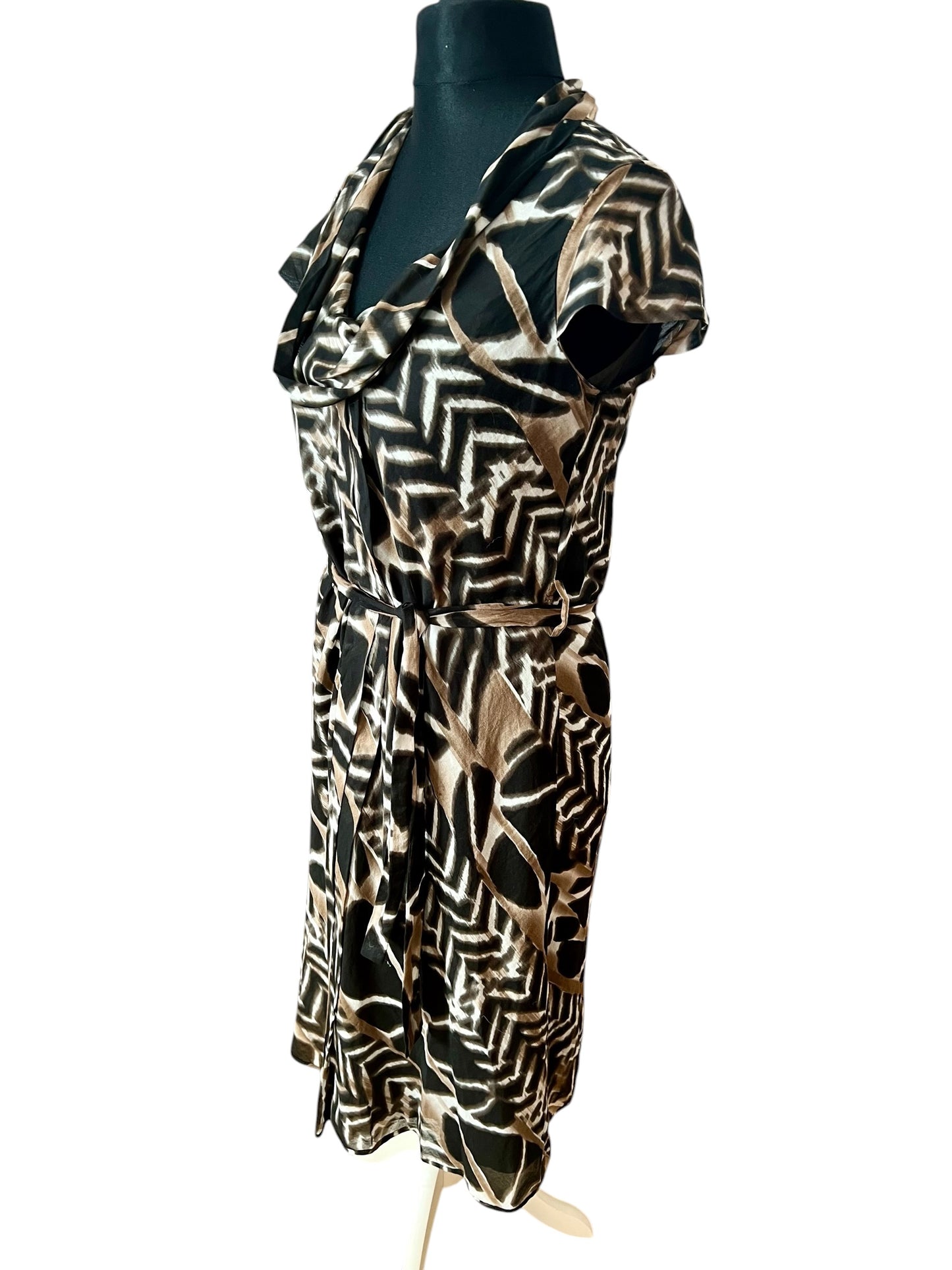 Hugo Boss Kleid Schwarz Braun Gemustert Gr M 38 40 Sommerkleid Bindegürtel Schalkragen Midi Elegant