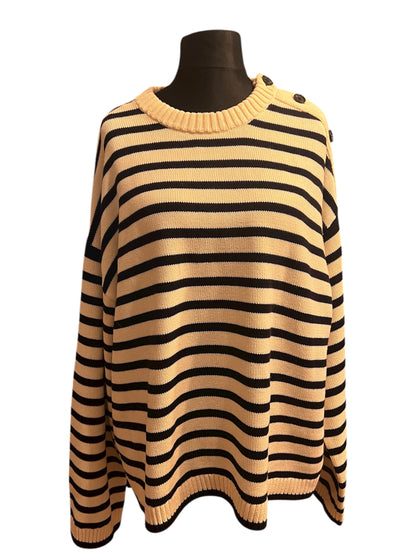 Arket Strickpullover L – Creme Schwarz Gestreift, Knopfleiste, Baumwolle