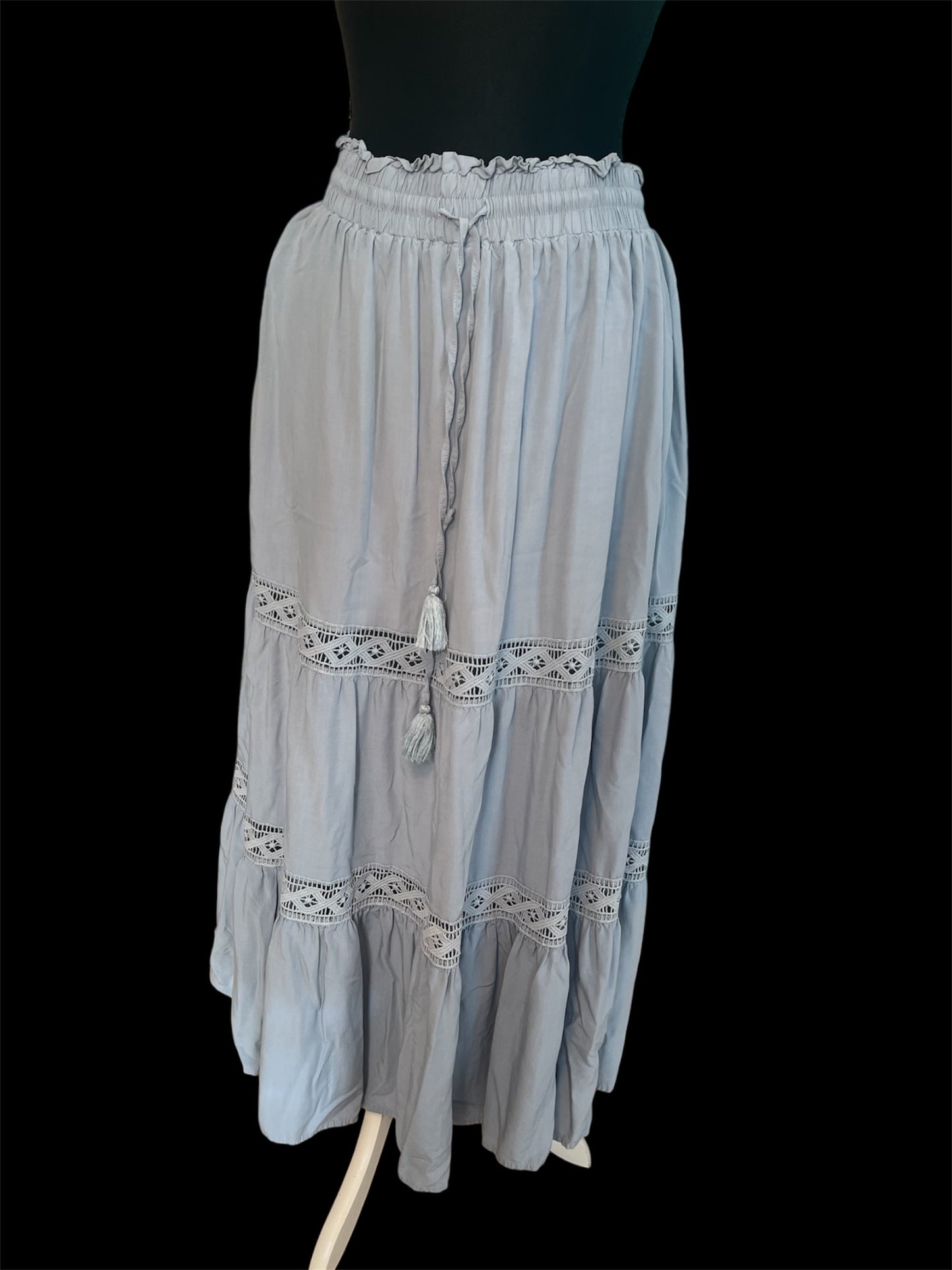 Hippie Style Maxirock Hellblau von Scarlet Darkness – Gr. 38 40 M L Gummizug Boho Spitze