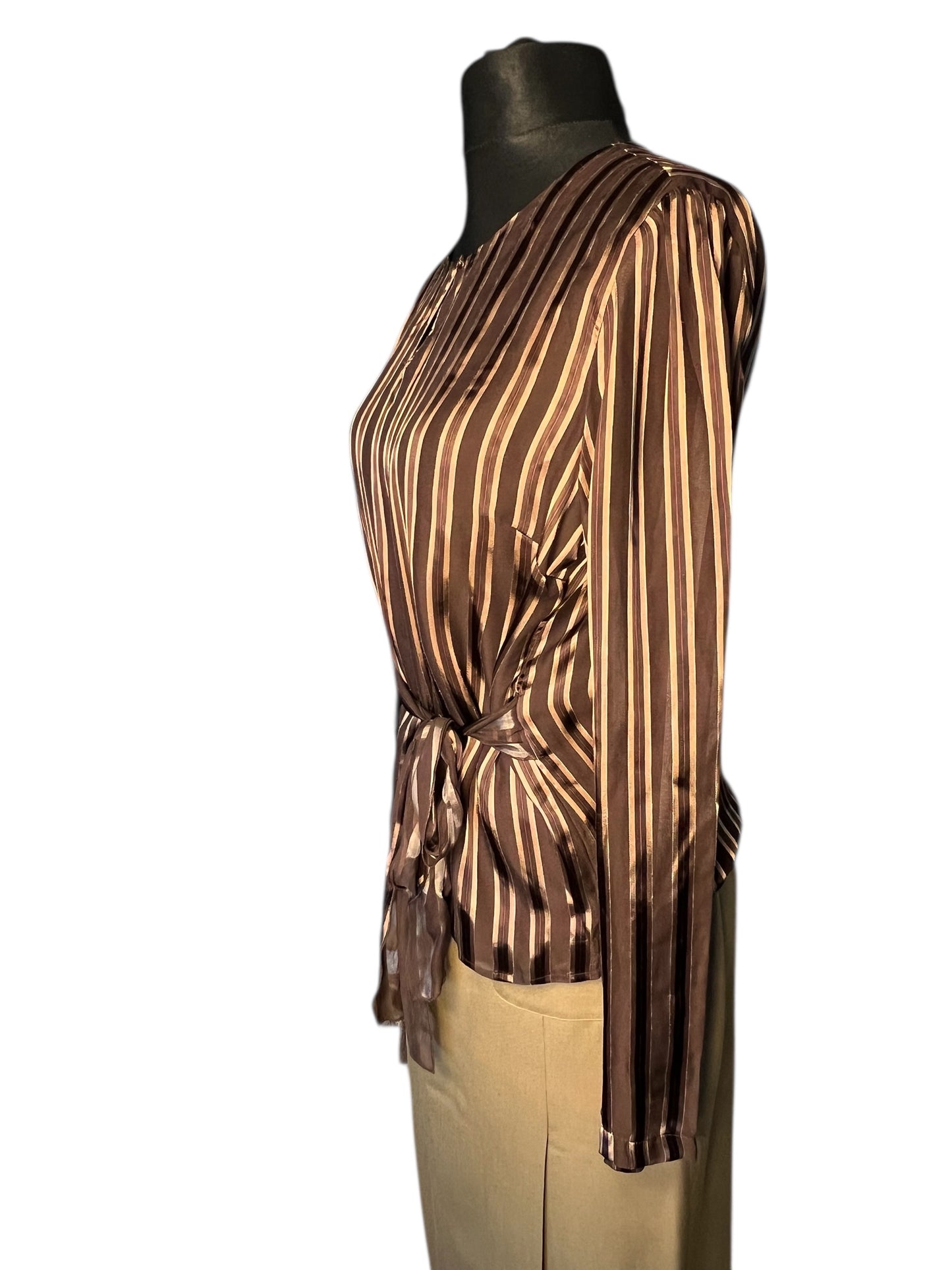 Vintage Blunauta Bluse Seide & Viskose – Ital. 46 (DE 38/40) – Braun Gold Gestreift – Made in Italy