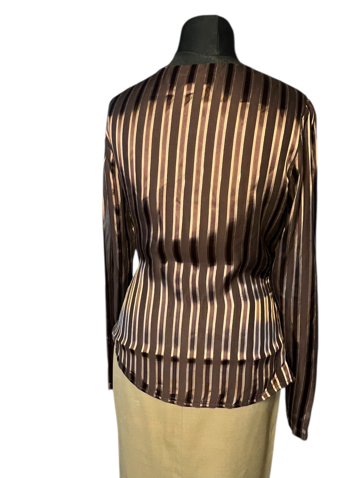 Vintage Blunauta Bluse Seide & Viskose – Ital. 46 (DE 38/40) – Braun Gold Gestreift – Made in Italy