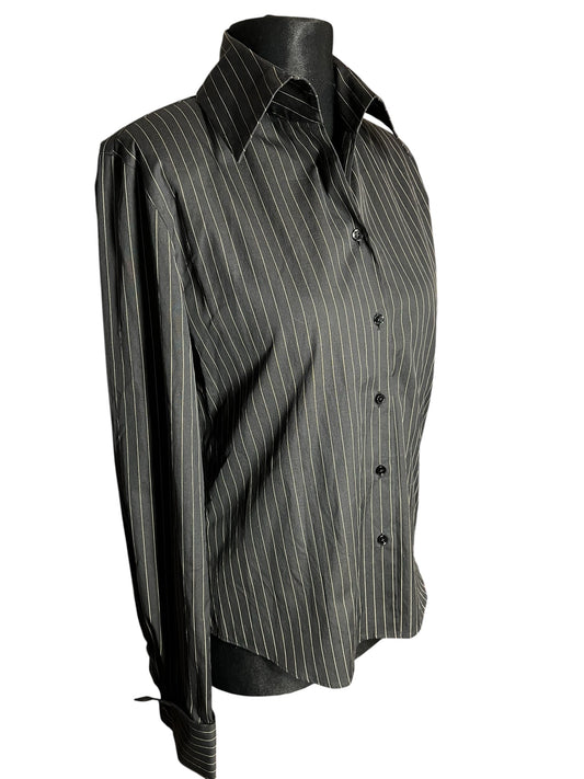 Vintage Van Laack Bluse Gr. 38 – Schwarz Weiss Nadelstreifen | Dark Academia / Gothic Chic