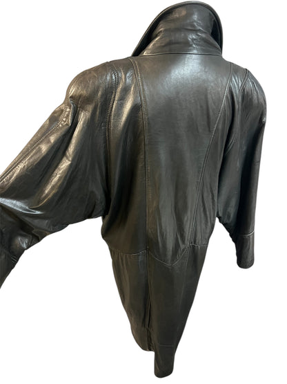Vintage 80s Ledermantel Gr. L Schwarz • Echtleder Nappaleder • Oversize Long Coat • Schulterbetont