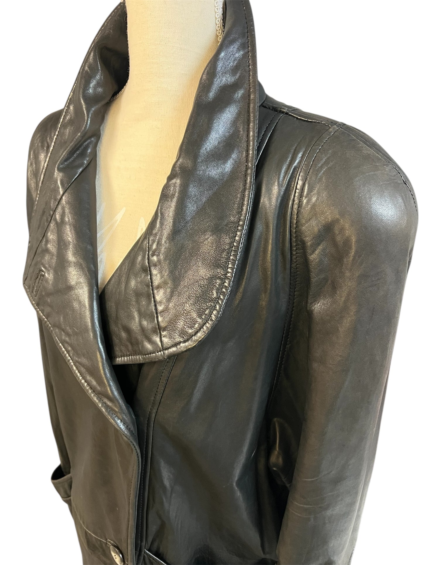 Vintage 80s Ledermantel Gr. L Schwarz • Echtleder Nappaleder • Oversize Long Coat • Schulterbetont