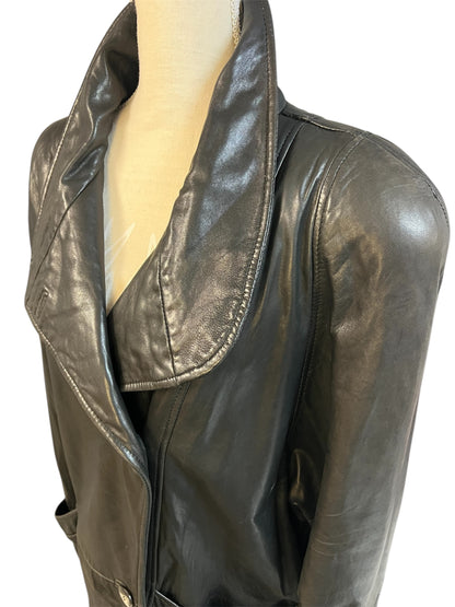 Vintage 80s Ledermantel Gr. L Schwarz • Echtleder Nappaleder • Oversize Long Coat • Schulterbetont