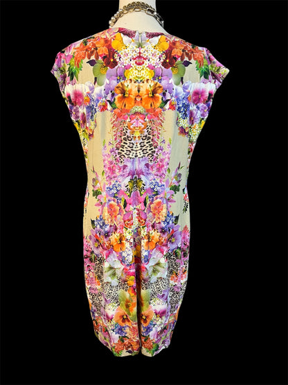 Vintage Apanage Jersey Kleid Gr 44 46 – Beige bunt Blumen & Leo Print | Waterfall Ausschnitt | Y2K