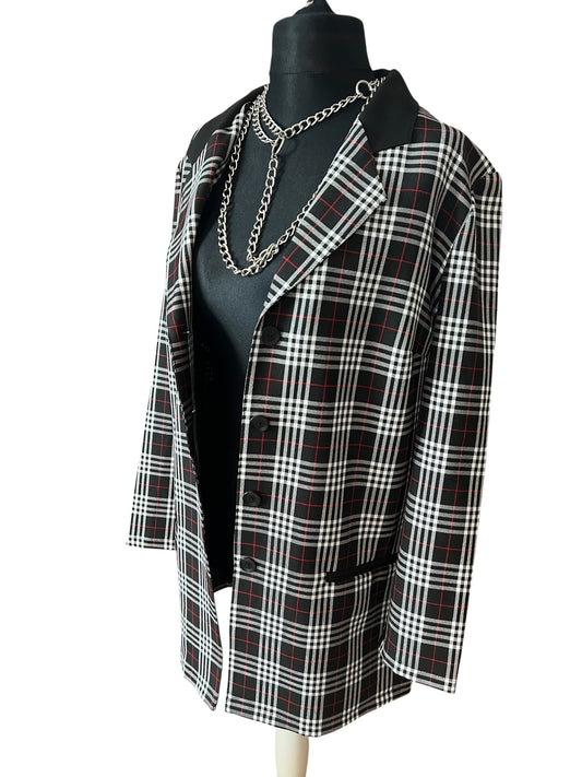 Vintage Longblazer Kariert Schwarz Weiß Rot Gr 44 XL Oversized Schottenkaro Boyfriend Blazer Leicht Knöpfe