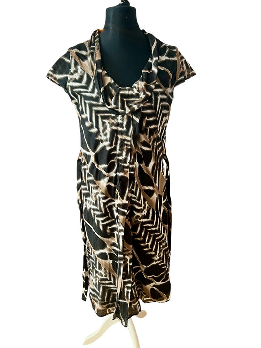 Hugo Boss Kleid Schwarz Braun Gemustert Gr M 38 40 Sommerkleid Bindegürtel Schalkragen Midi Elegant