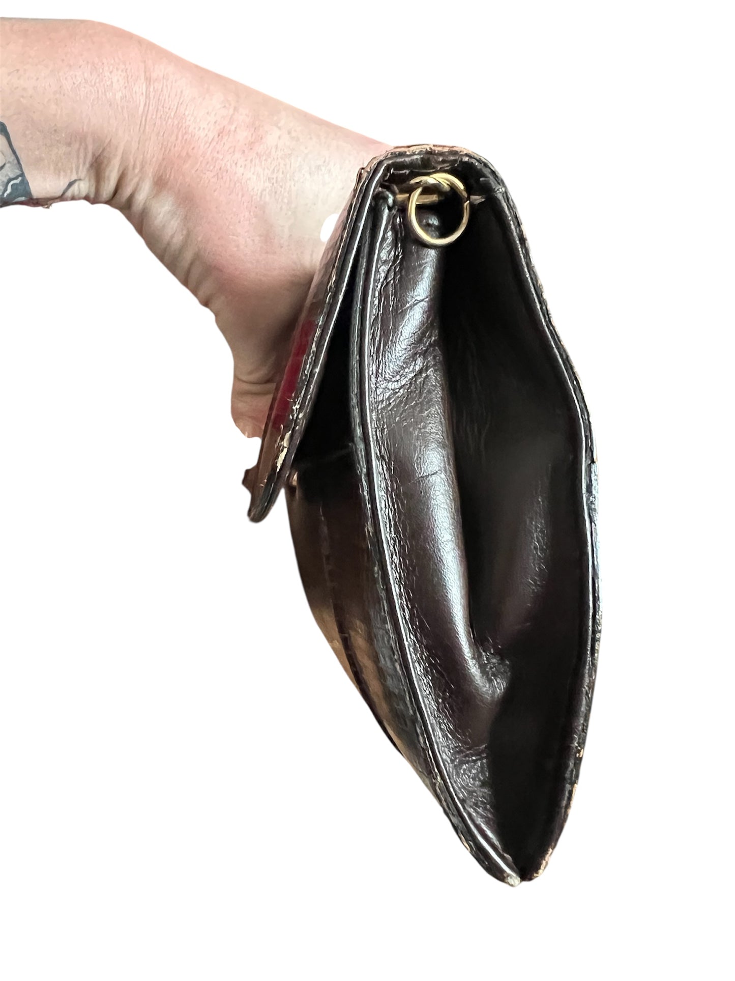 Vintage 80s J. Perez Clutch | Braun Schlangenleder mit gold Kutsche Emblem | Elegante Statement Bag