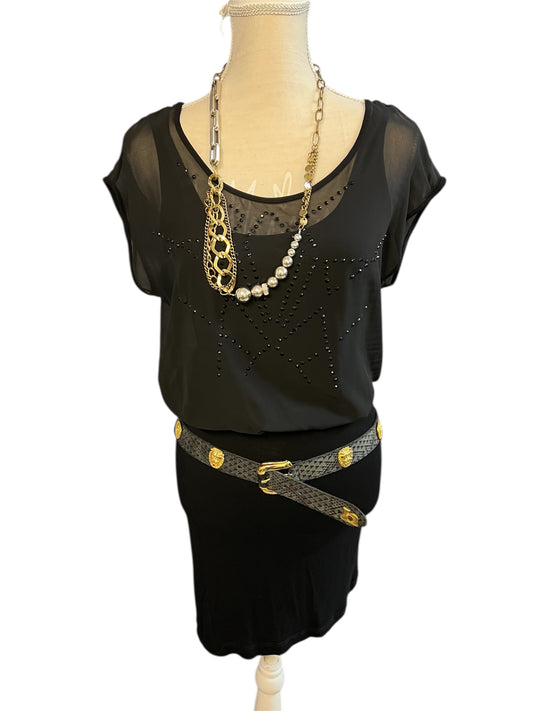 Kleid Buffalo | schwarz mit Glitzersteinen | transparentes Oberteil | Gr. 34–36 | vielseitig tragbar