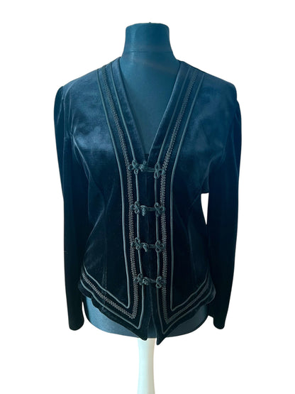 Vintage Vera Mont Samt Jacke 38 40 M Schwarz Gothic Style Tailliert Spitzer Schnitt Bordüre 80s 90s Blazer