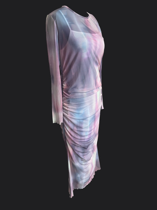 Y2K Mesh Maxikleid Pastell transparent langarm drapiert Stretch Festival Fairy Gr. M L 40 42