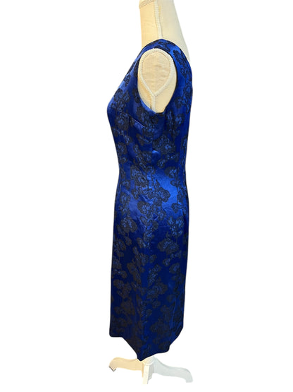 Vintage Abendkleid + Stola Midi blau schwarz 36 38 | Satinlook mit Glitzerstickerei | figurbetont | 90er Y2K Festkleid