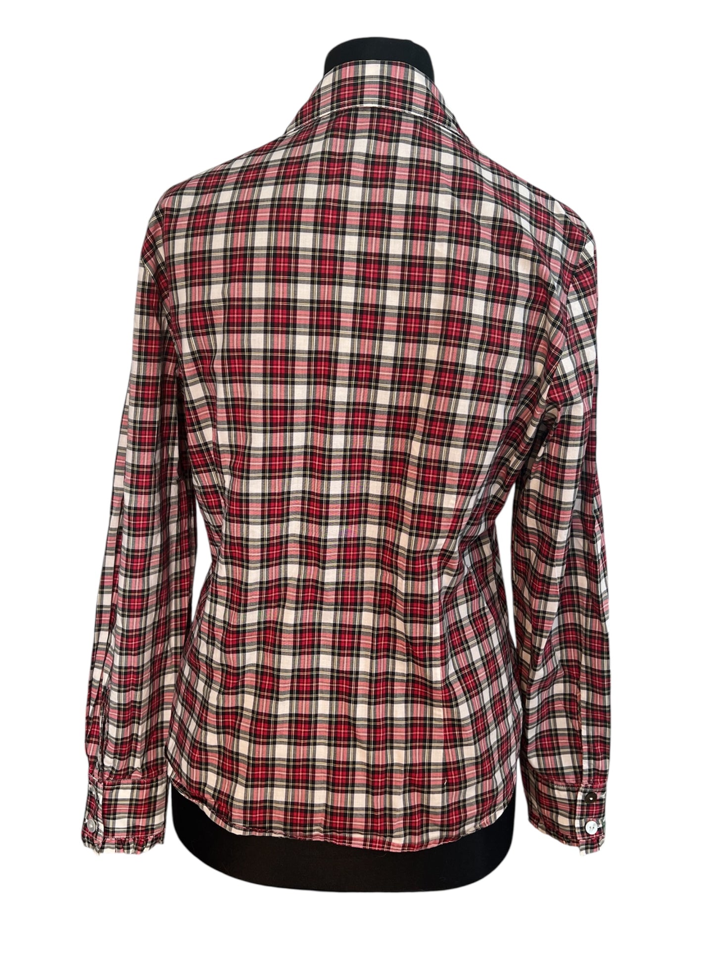 Vintage Bluse B.M. Company Gr. 38 – Dark Academic / Preppy Kariert Rot-Schwarz-Weiß Rüschen