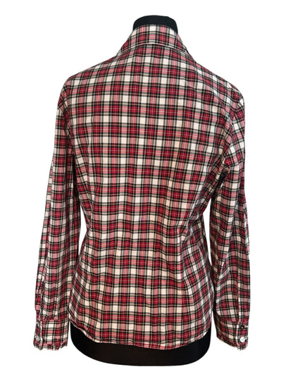 Vintage Bluse B.M. Company Gr. 38 – Dark Academic / Preppy Kariert Rot-Schwarz-Weiß Rüschen
