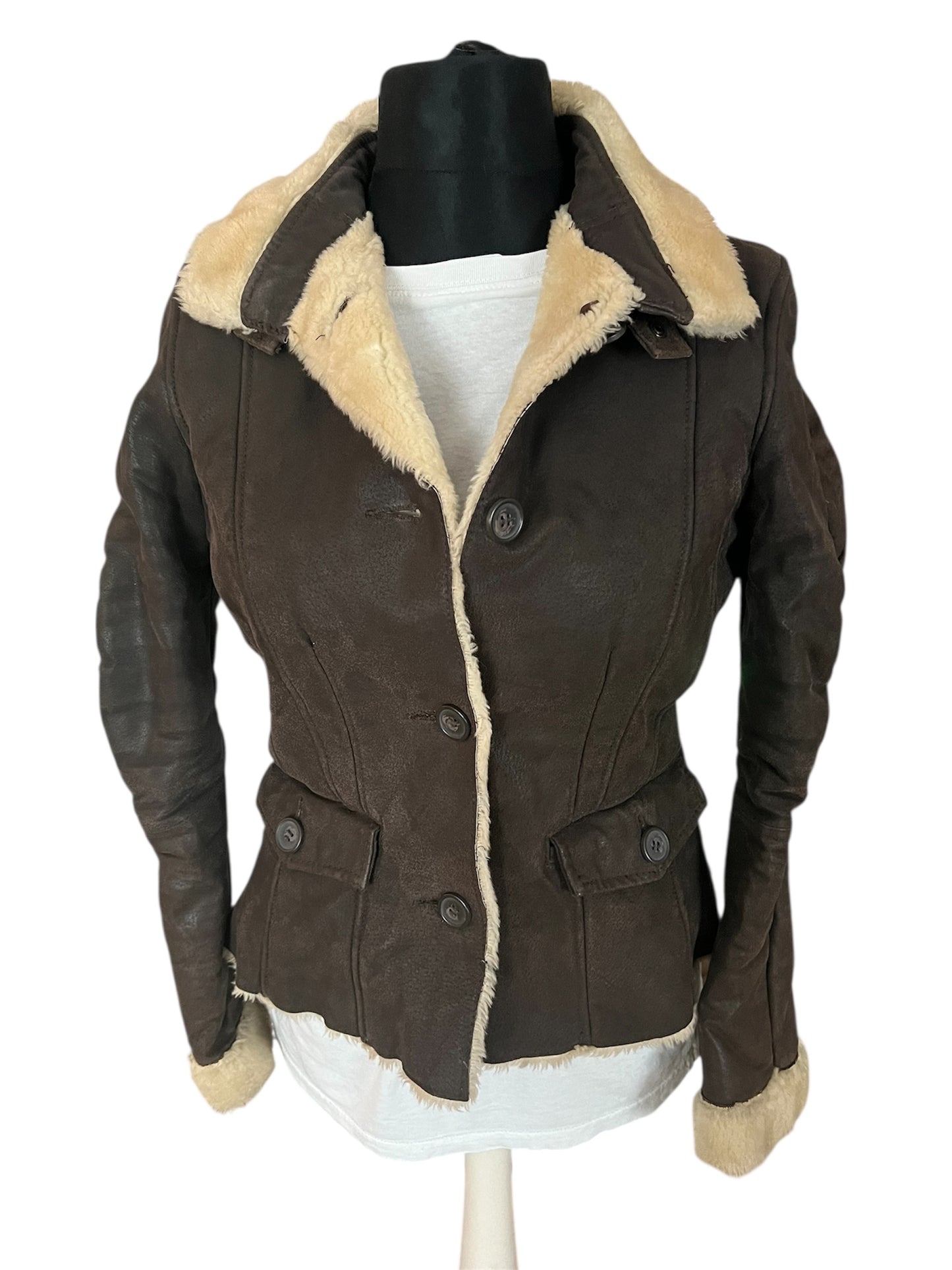 True Vintage Lederjacke XS/34 Braun Teddyfell Pilotenjacke Made in Italy 80s