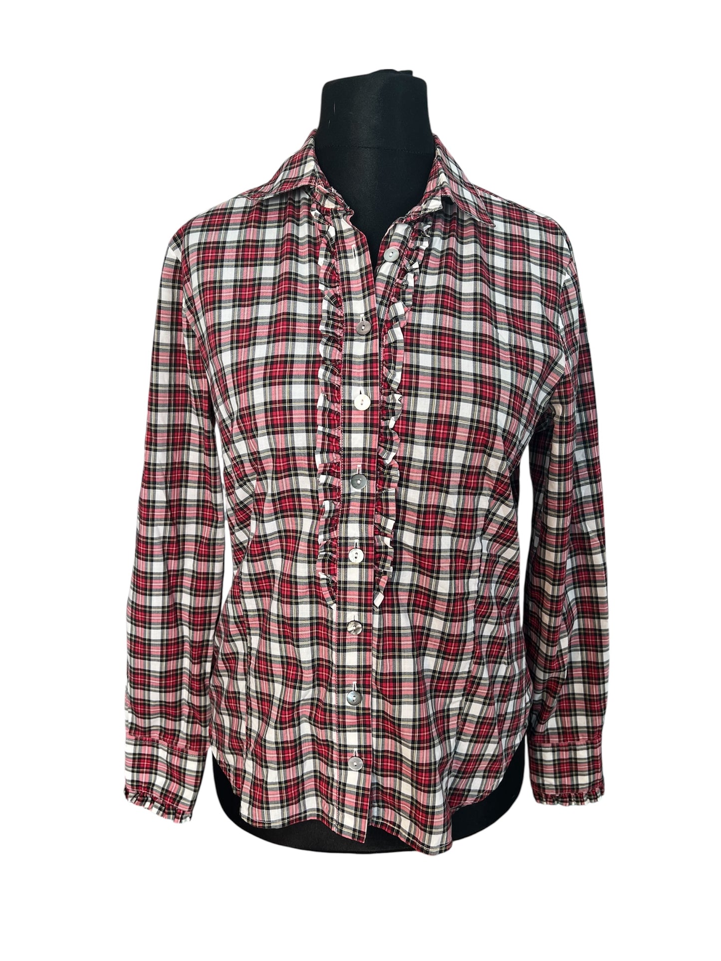 Vintage Bluse B.M. Company Gr. 38 – Dark Academic / Preppy Kariert Rot-Schwarz-Weiß Rüschen