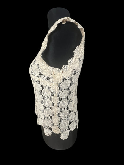 Vintage Spitzen-Top 38 M Ivory 80s Handmade Unikat mit Schulterpolstern Bluse