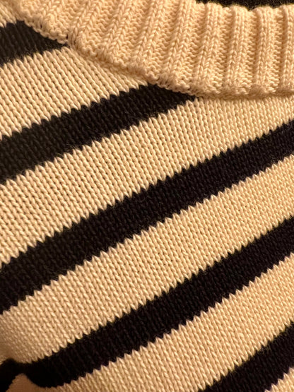 Arket Strickpullover L – Creme Schwarz Gestreift, Knopfleiste, Baumwolle