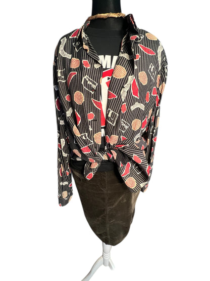 Vintage 80s/90s Oversize Bluse Rio Gr. 48 | Schwarz Grau Rot | Viskose | Statement Pattern