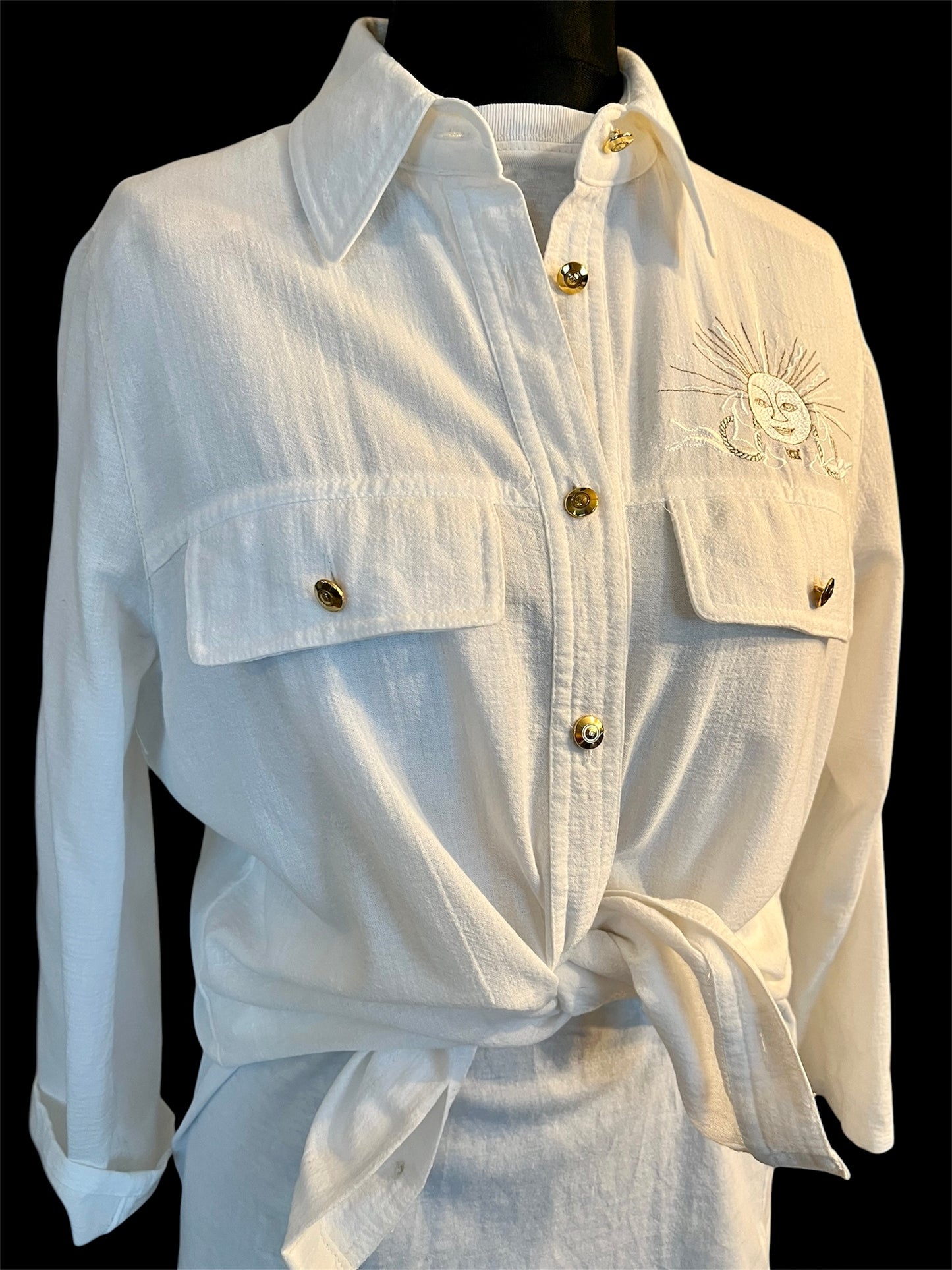 Vintage Avantgarde Bluse M 38/40 Weiß Gold Leinenmix – Boho Chic Mystic Sun Embroidery