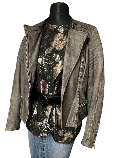 Goosecraft Biker Lederjacke Gr. L (fällt wie 38) – Grau – YKK Zipper – Slim Fit – Patina Look