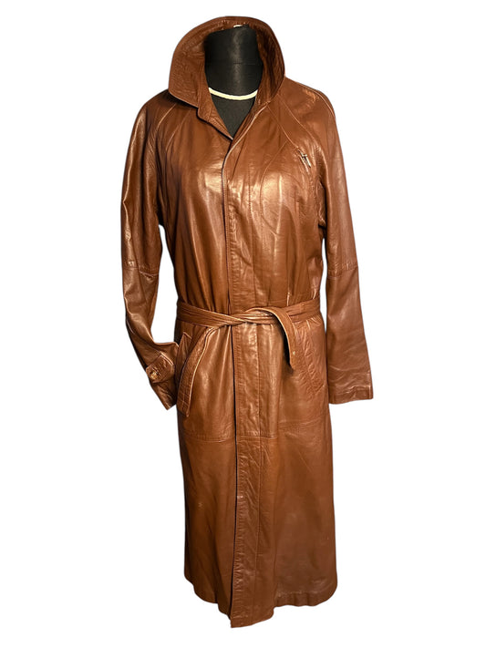 Vintage Ledermantel Cognac Braun Lang | Echtleder Mantel mit Gürtel | Gr. 40 - 42 / M 48 | 90s Retro Trench Mantel Unisex