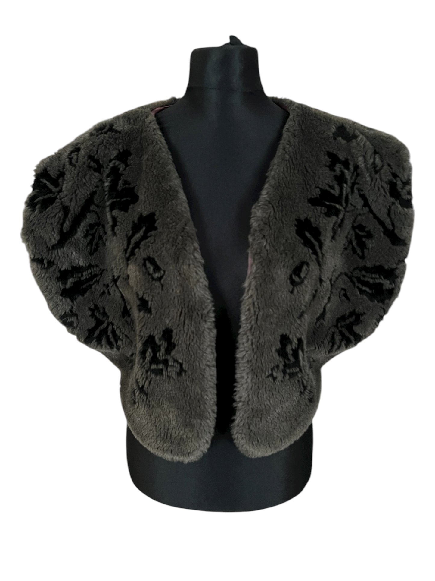 Vintage Kunstfell Weste Made in France – Dunkelgrau Schwarz Muster Bolero Oversized 38–42