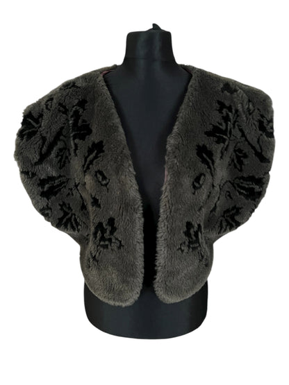 Vintage Kunstfell Weste Made in France – Dunkelgrau Schwarz Muster Bolero Oversized 38–42