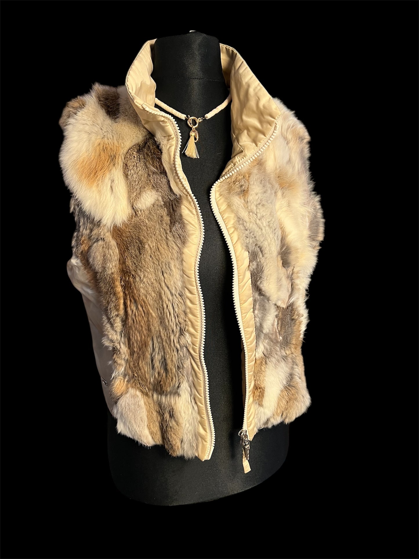 Vintage Airfield Fellweste Gr. 42 | Echtfell Weste Beige Braun Weiß | 90s Designer Weste mit Stehkragen | Boho