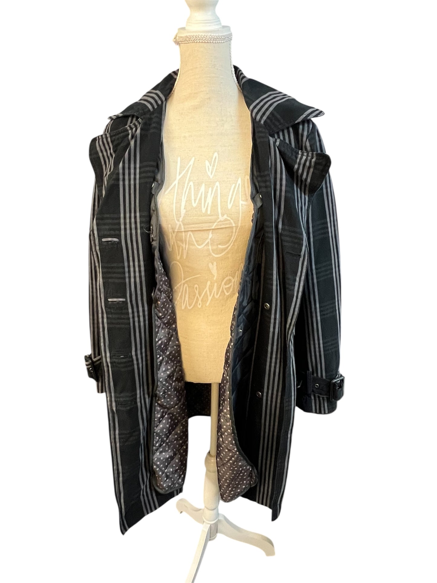 Vintage Y2K Trenchcoat M Schwarz/Grau kariert • Gestepptes Futter • Taillengürtel • EastWest