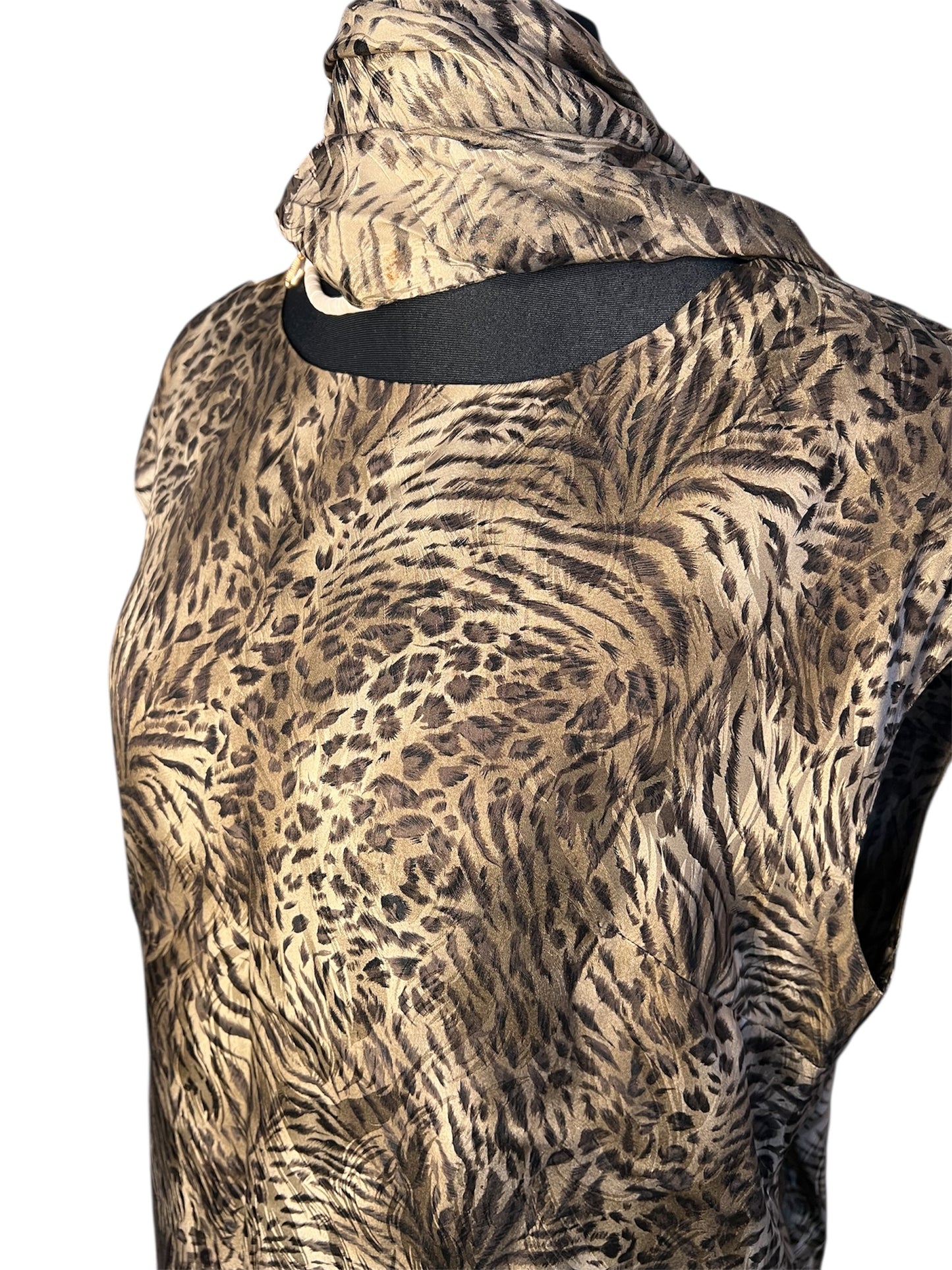 Vintage Blusenshirt Seide Leo Tiger Print Madeleine Gr 42 + Schal , 90s Y2K Animal Print