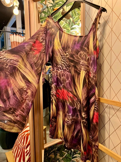 Y2K Vintage Kleid S 36 One Shoulder | Trompetenärmel & Metallschlange | Bunt & Transparent | Snake