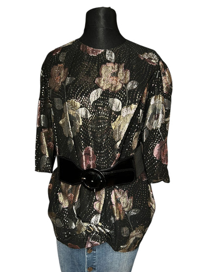 Vintage Glanzbluse Gr. 42 – West Germany – Metallic Blumen – 80s Glam Chic – Schwarz Gold Rosé