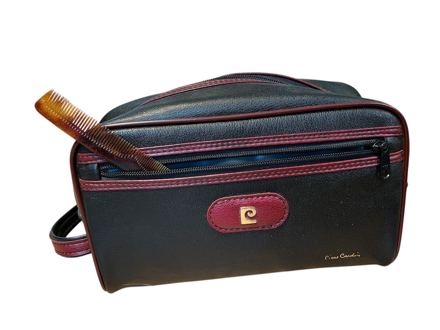 Vintage Pierre Cardin Kulturtasche Leder schwarz weinrot Herren Tasche Reise Kosmetik 80s 90s