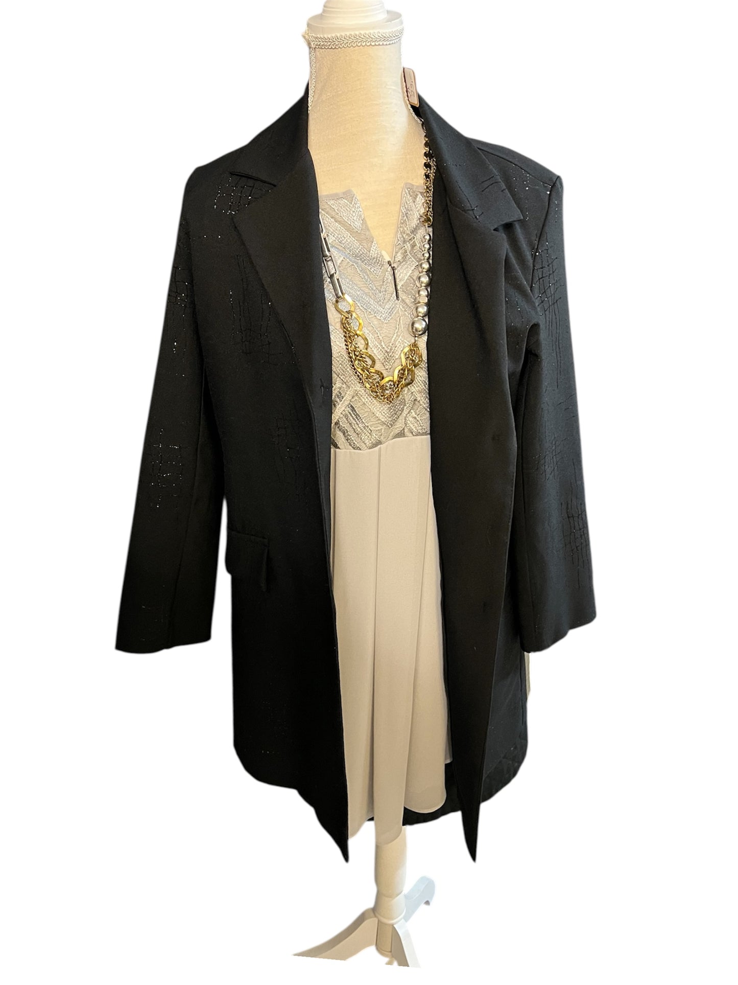 Vintage Longblazer Jenny Paris | 90s / Y2K | schwarz mit Glitzer-Gitter | figurbetont | DE 38
