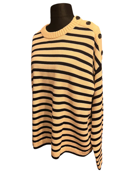 Arket Strickpullover L – Creme Schwarz Gestreift, Knopfleiste, Baumwolle