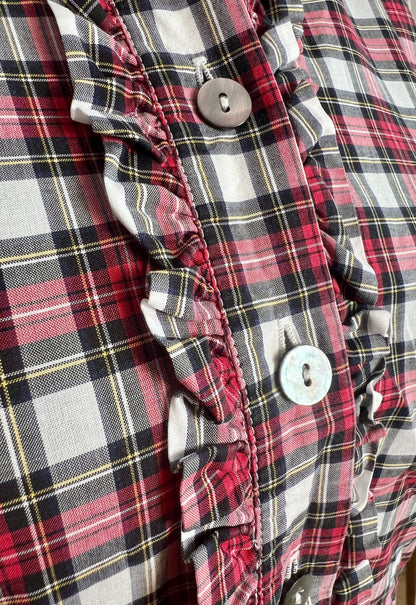 Vintage Bluse B.M. Company Gr. 38 – Dark Academic / Preppy Kariert Rot-Schwarz-Weiß Rüschen