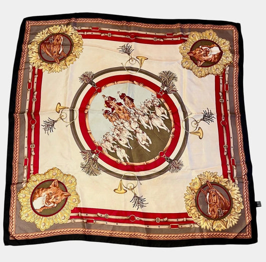 Vintage Seidentuch Made in Italy 85x85 cm – hochwertig, Jagdmotiv Pferde Hunde Luxus-Qualität